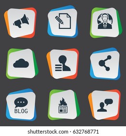 Vector Illustration Set Of Simple User Icons. Elements Man Considering, Gazette, Loudspeaker And Other Synonyms Debate, Globe And Sky.