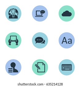 Vector Illustration Set Of Simple User Icons. Elements Overcast, Gain, Argument And Other Synonyms Tablet, Discussion And Argument.