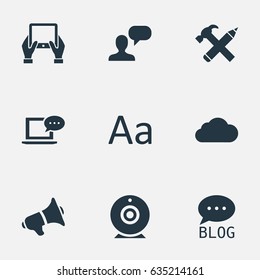 Vector Illustration Set Of Simple User Icons. Elements Man Considering, Loudspeaker, Laptop And Other Synonyms Sky, Notepad And Typography.