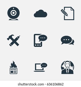 Vector Illustration Set Of Simple User Icons. Elements Broadcast, E-Letter, Repair And Other Synonyms Web, Camera And Negotiation.