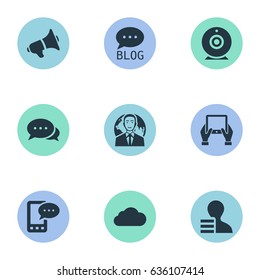 Vector Illustration Set Of Simple User Icons. Elements Argument, Overcast, Gain And Other Synonyms Globe, Megaphone And Tablet.