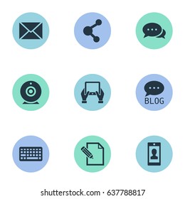 Vector Illustration Set Of Simple User Icons. Elements Document, Broadcast, Post And Other Synonyms Blog, Pen And Laptop.