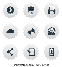 Vector Illustration Set Of Simple User Icons. Elements Site, International Businessman, Share And Other Synonyms Blog, Contract And Megaphone.
