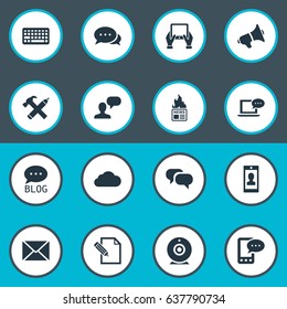 Vector Illustration Set Of Simple User Icons. Elements E-Letter, Laptop, Loudspeaker And Other Synonyms Negotiation, Overcast And Profile.