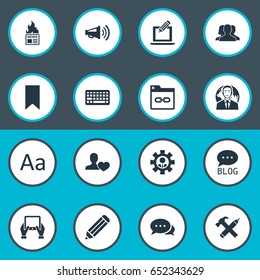 Vector Illustration Set Of Simple User Icons. Elements Site, Bookmark, Cedilla And Other Synonyms Blog, Tablet And Pencil.