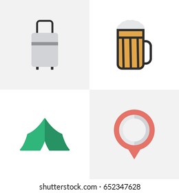 Vector Illustration Set Of Simple Vacation Icons. Elements Pub, Camping, Baggage And Other Synonyms Baggage, Beer And Tent.