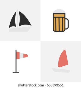 Vector Illustration Set Of Simple Vacation Icons. Elements Pub, Flag, Schooner And Other Synonyms Boat, Flag And Wind.