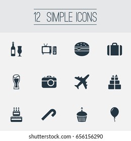 Vector Illustration Set Of Simple Vacation Icons. Elements Cake, Tv Set, Wine And Other Synonyms Candle, Candy And Cane.