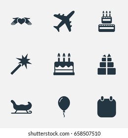 Vector Illustration Set Of Simple Vacation Icons. Elements Calendar, Love Protection, Cake And Other Synonyms Winter, Sleigh And Ribbon.
