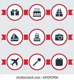 Vector Illustration Set Of Simple Vacation Icons. Elements Calendar, Pastry, Cake And Other Synonyms Gift, Yacht And Ship.