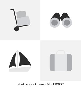 Vector Illustration Set Of Simple Vacation Icons. Elements Schooner, Cargo, Optical Zoom And Other Synonyms Suitcase, Truck And Cargo.