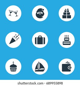 Vector Illustration Set Of Simple Vacation Icons. Elements Wallet, Cake, Cocktail And Other Synonyms Boat, Party And Holiday.