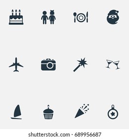 Vector Illustration Set Of Simple Vacation Icons. Elements Photo Camera, Entertainment, Yachting And Other Synonyms Anniversary, Cupcake And Spell.