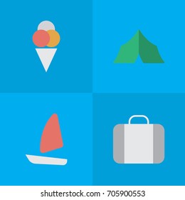 Vector Illustration Set Of Simple Vacation Icons. Elements Sorbet, Bag, Camping And Other Synonyms Luggage, Boat And Cream.