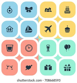 Vector Illustration Set Of Simple Vacation Icons. Elements Glass, Boat, Christmas Ball And Other Synonyms Airplane, Yacht And Jingle.