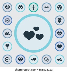 Vector Illustration Set Of Simple Valentine Icons. Elements Care, Amour, Love And Other Synonyms Wedding, Partner And Together.