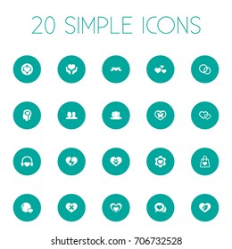 Vector Illustration Set Of Simple Valentine Icons. Elements Vetirinary, Setting, Lovers And Other Synonyms Emotion, Music And Heartbreak.