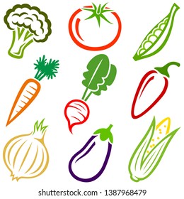 Vector illustration of a set of simple vegetable icons: broccoli, a tomato, peas, a carrot, a radish, a pepper, an onion, an eggplant and corn.