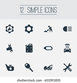 Vector Illustration Set Of Simple Vehicle Icons. Elements Side Mirror, Wrench, Builder And Other Synonyms Hand, Headlight And Servicing.
