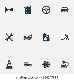 Vector Illustration Set Of Simple Vehicle Icons. Elements Caution, Auto, Diesel And Other Synonyms Cone, Machine And Alert.