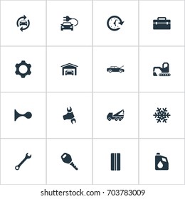 Vector Illustration Set Of Simple Vehicle Icons. Elements Workshop, Toolbox, Fuel And Other Synonyms Wheel, Winter And Vehicle.