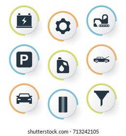 Vector Illustration Set Of Simple Vehicle Icons. Elements Cogwheel, Filter, Car And Other Synonyms Cogwheel, Auto And Repair.