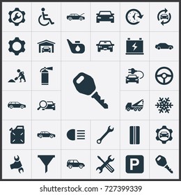 Vector Illustration Set Of Simple Vehicle Icons. Elements Servicing, Handicapped, Electro Car Synonyms Stand, Garage And Builder.