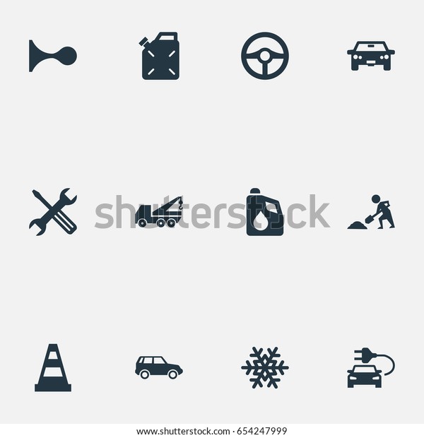 Vector\
Illustration Set Of Simple Vehicle Icons. Elements Caution, Auto,\
Diesel And Other Synonyms Cone, Machine And\
Alert.