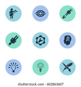 Vector Illustration Set Of Simple Visual Art Icons. Elements Lightbulb, Technology, Contemplation And Other Synonyms Success, Depression And Brush.