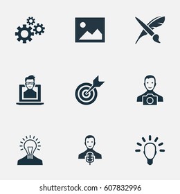 Vector Illustration Set Of Simple Visual Art Icons. Elements Brush, Cameraman, Accuracy And Other Synonyms Process, Web And Image.