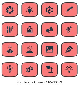 Vector Illustration Set Of Simple Visual Art Icons. Elements Writing Tool, Electric, Cameraman And Other Synonyms Bullhorn, Picture And Creativity.