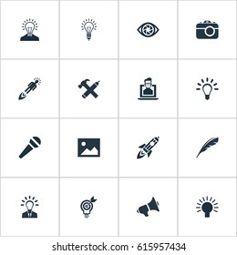 Vector Illustration Set Of Simple Visual Art Icons. Elements Lightbulb, Concentration, Pencil And Other Synonyms Creativity, Lightbulb And Microphone.