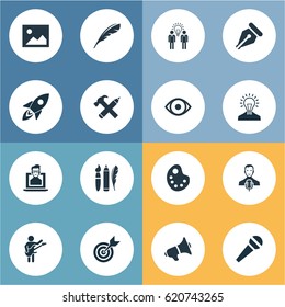 Vector Illustration Set Of Simple Visual Art Icons. Elements Pencil, Writing Tool, Nerd And Other Synonyms Palette, Shuttle And Music.