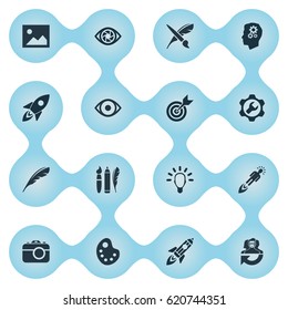 Vector Illustration Set Of Simple Visual Art Icons. Elements Contemplation, Brush, Shuttle And Other Synonyms Pencil, Eye And Browse.