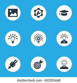 Vector Illustration Set Of Simple Visual Art Icons. Elements Leader, Image, Development And Other Synonyms Lightbulb, Gear And Businessman.