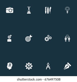 Vector Illustration Set Of Simple Visual Art Icons. Elements Photo Tool, Gears, Dividers And Other Synonyms Writing, Gears And Lightbulb.