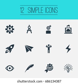 Vector Illustration Set Of Simple Visual Art Icons. Elements Rocket, Dividers, Energy And Other Synonyms Battery, Development And Dart.