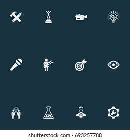 Vector Illustration Set Of Simple Visual Art Icons. Elements Cogwheel, Interview, Recording And Other Synonyms Performance, Development And Champion.