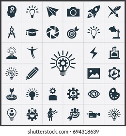 Vector Illustration Set Of Simple Visual Art Icons. Elements Development, Accuracy, Drawing Tool And Other Synonyms Gear, Energy And Laptop.