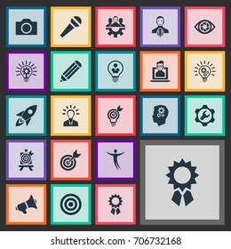 Vector Illustration Set Of Simple Visual Art Icons. Elements Bullhorn, Mentality, Performance And Other Synonyms Microphone, Discussion And Bullhorn.