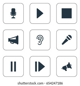 Vector Illustration Set Of Simple Volume Icons. Elements Stop, Audition, Play And Other Synonyms Listening, Stage And Loudspeaker.