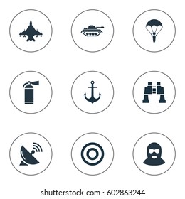 Vector Illustration Set Of Simple War Icons. Elements Paratrooper, Target, Terrorist And Other Synonyms Heavy, Parachutist And Terrorist.