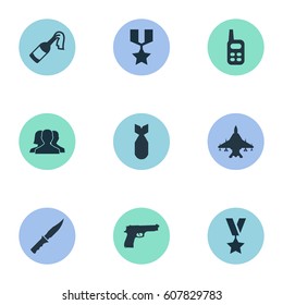 Vector Illustration Set Of Simple War Icons. Elements Molotov, Nuke, Sky Force And Other Synonyms Nuke, Pistol And Military.