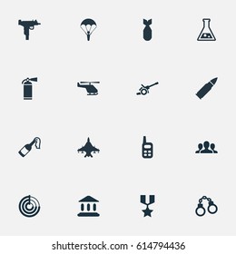 Vector Illustration Set Of Simple War Icons. Elements Nuke, Firearm, Manacles And Other Synonyms Force, Chemistry And Team.