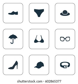 Vector Illustration Set Of Simple Wardrobe Icons. Elements Brolly, Footwear, Elegant Headgear And Other Synonyms Baseball, Shoe And Bra.