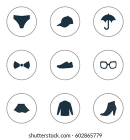 Vector Illustration Set Of Simple Wardrobe Icons. Elements Footwear, Eyeglasses, Swewatshirt And Other Synonyms Sneakers, Sweatshirt And Long.