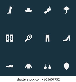 Vector Illustration Set Of Simple Wardrobe Icons. Elements Brasserie, Make-Up Glass, Barefoot And Other Synonyms Elegant, Breast And Apparel.