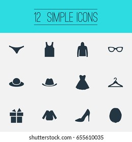 Vector Illustration Set Of Simple Wardrobe Icons. Elements Singlet, Hairdressing, Attire And Other Synonyms Woman, Footwear And Dress.