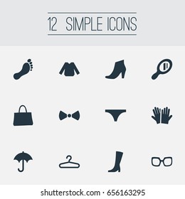 Vector Illustration Set Of Simple Wardrobe Icons. Elements Formal Wear, String, Eyeglasses And Other Synonyms Clothes, String And Umbrella.