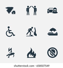 Vector Illustration Set Of Simple Warrant Icons. Elements Car Thief, Handicapped, Ignition Synonyms Deal, Hurricane And Ignition.